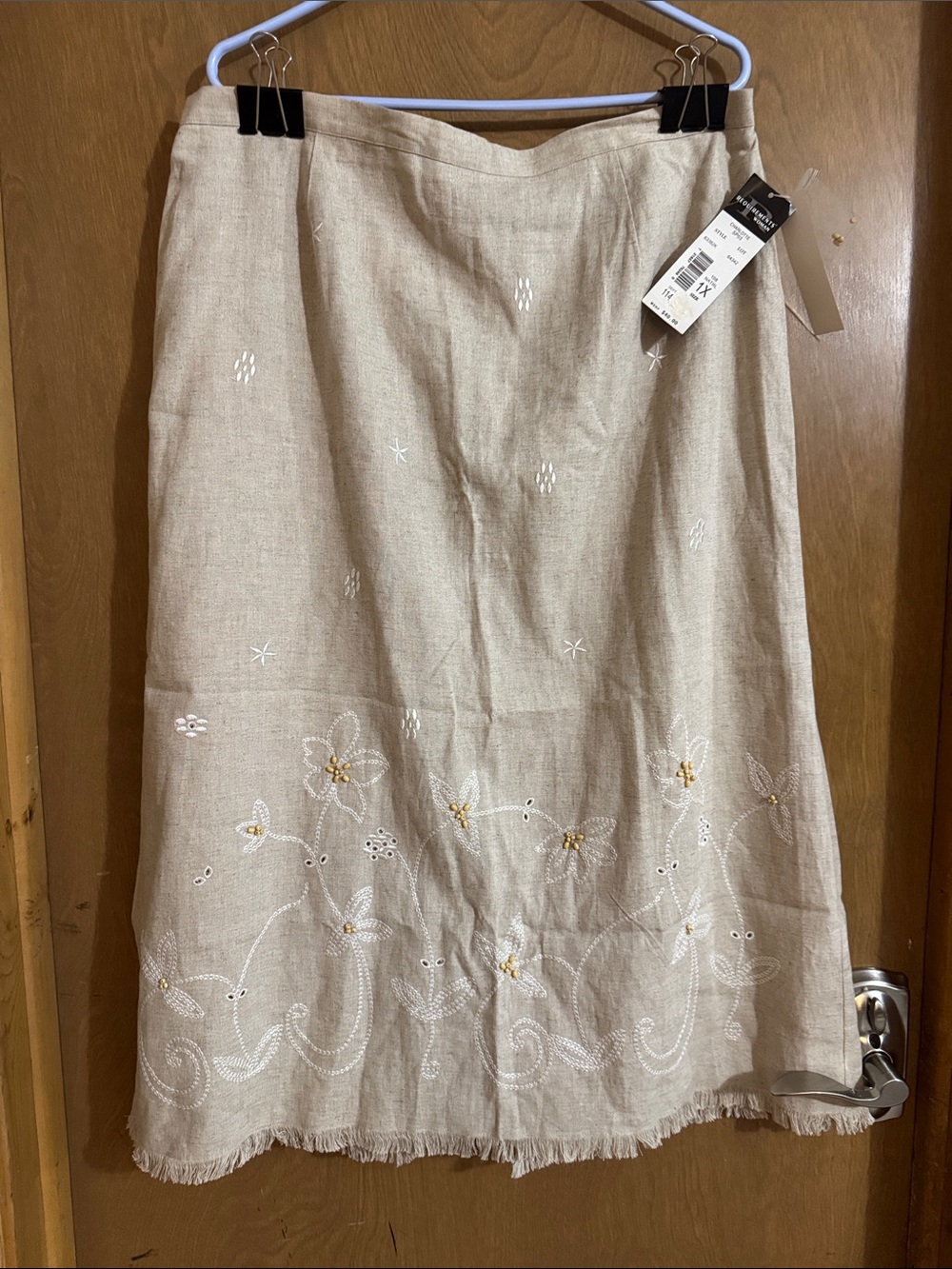 Requirements Beige Linen Midi Skirt with White & Gold Floral Embroidery